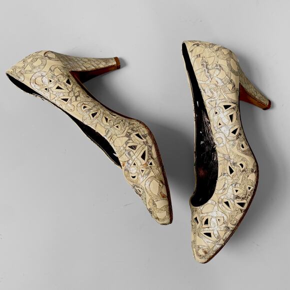 80s Andrea Pfister Lace Openwork Pumps Vintage Metallic Leather sz. 7 Snakeskin - Picture 3 of 9